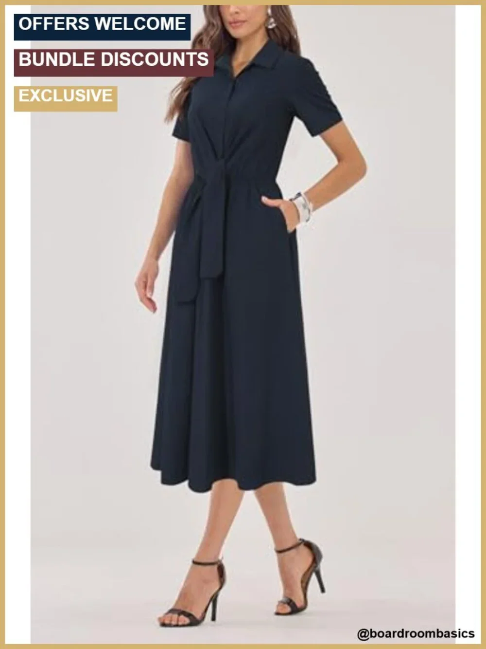 Women's Tie Waist Midi Shirt Dress Business Casual Work Outfit Flowy Short